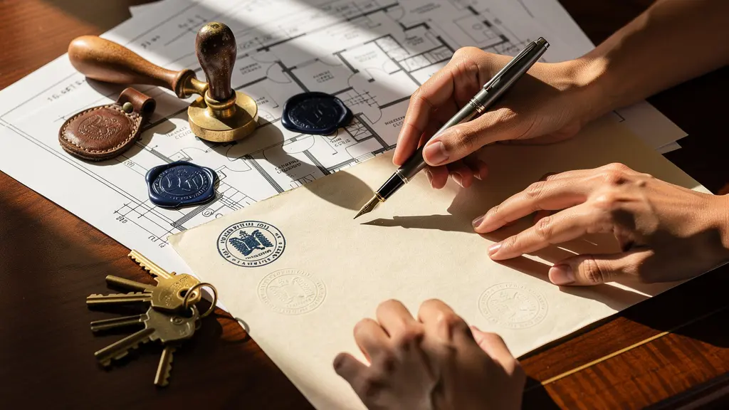 Signature d'acte d'achat immobilier dans un bureau de notaire avec plans et documents officiels