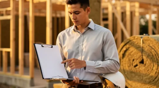 Professionnel examinant des documents de certification sur un chantier de construction durable