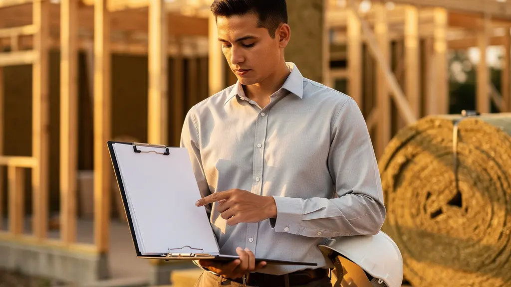 Professionnel examinant des documents de certification sur un chantier de construction durable