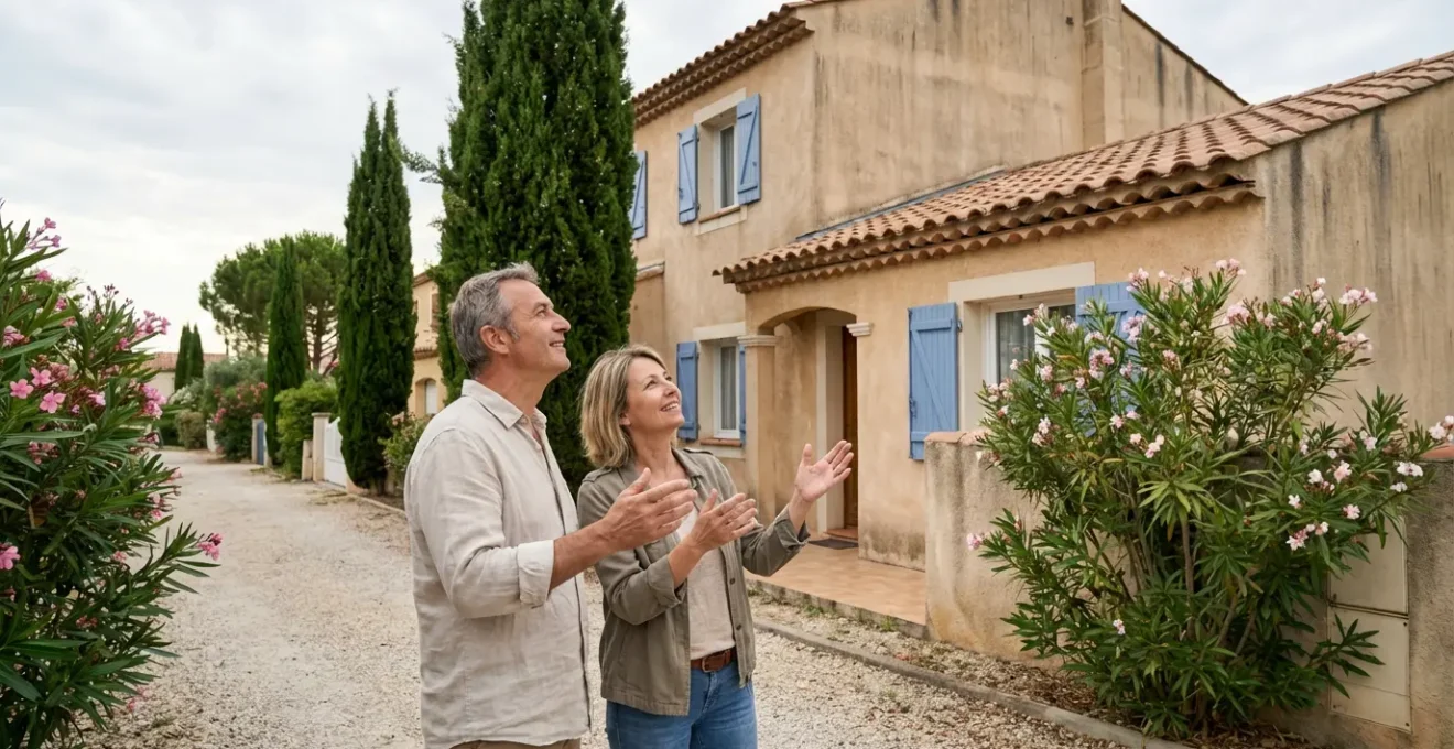 Agent immobilier discutant estimation immobilière avec propriétaire devant maison sud France