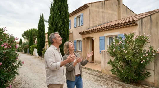 Agent immobilier discutant estimation immobilière avec propriétaire devant maison sud France