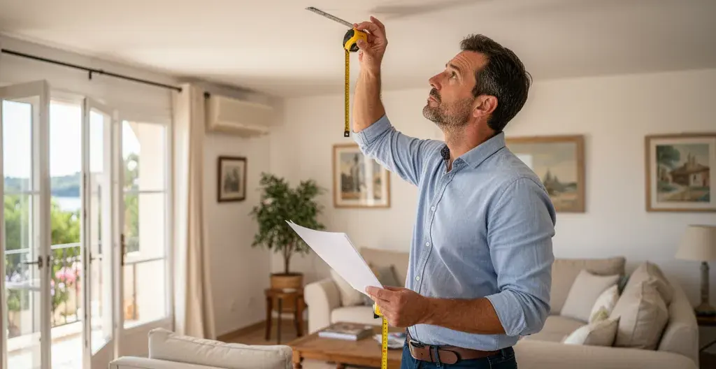 Agent immobilier observant plafond salon lors estimation terrain