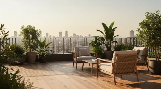 Terrasse aménagée avec mobilier en bois et plantes vertes luxuriantes, vue panoramique sur la ville en arrière-plan