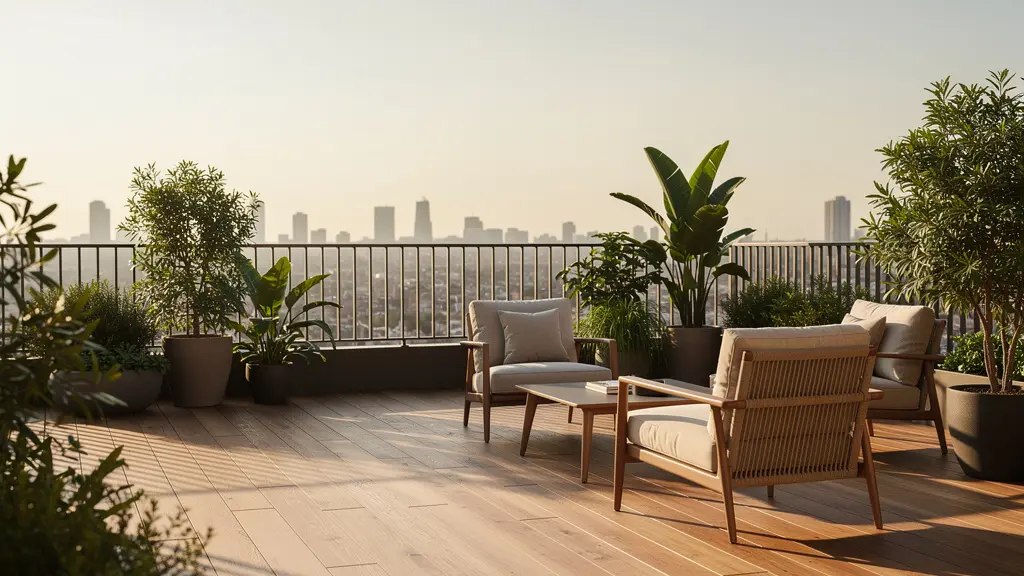 Terrasse aménagée avec mobilier en bois et plantes vertes luxuriantes, vue panoramique sur la ville en arrière-plan