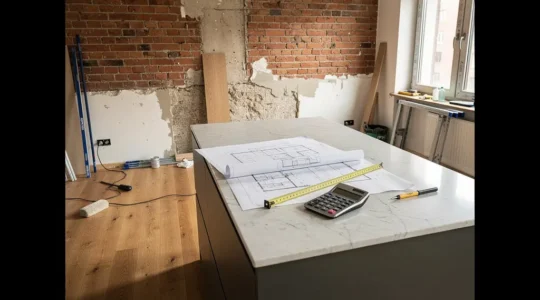 Vue en perspective d'un appartement ancien en cours de rénovation avec plans d'architecte sur table et matériaux de construction