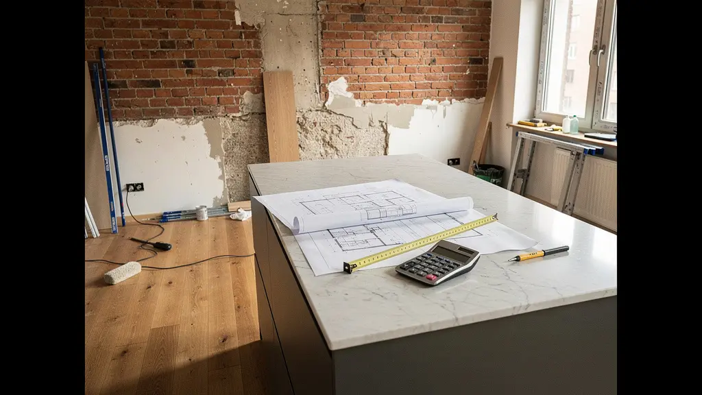 Vue en perspective d'un appartement ancien en cours de rénovation avec plans d'architecte sur table et matériaux de construction