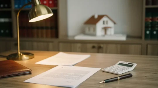 Bureau de notaire moderne avec documents immobiliers et calculatrice sur table en bois massif