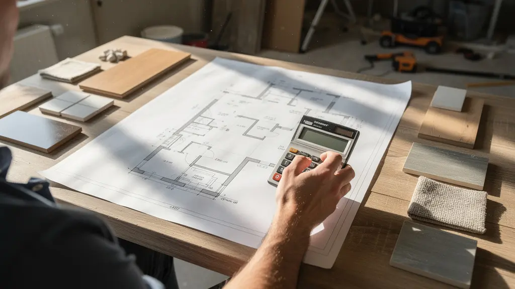 Vue aérienne d'un bureau avec calculatrice, plans d'architecte et échantillons de matériaux pour estimer un budget rénovation