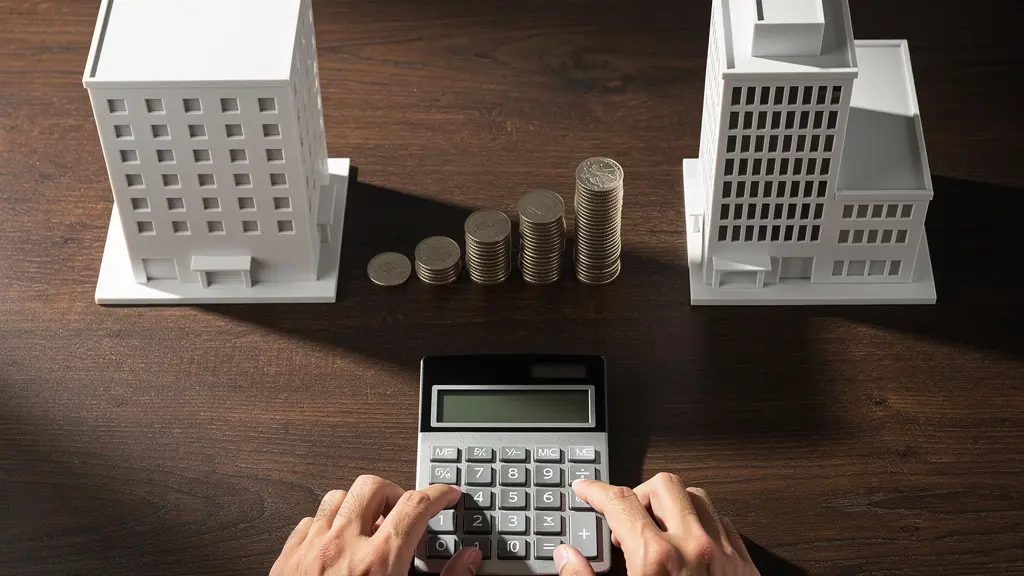 Vue en plongée d'une table avec deux maquettes d'immeubles, pièces de monnaie empilées et mains effectuant des calculs