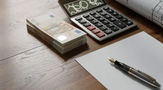 Professionnel examinant des documents financiers immobiliers sur un bureau avec calculatrice et stylo