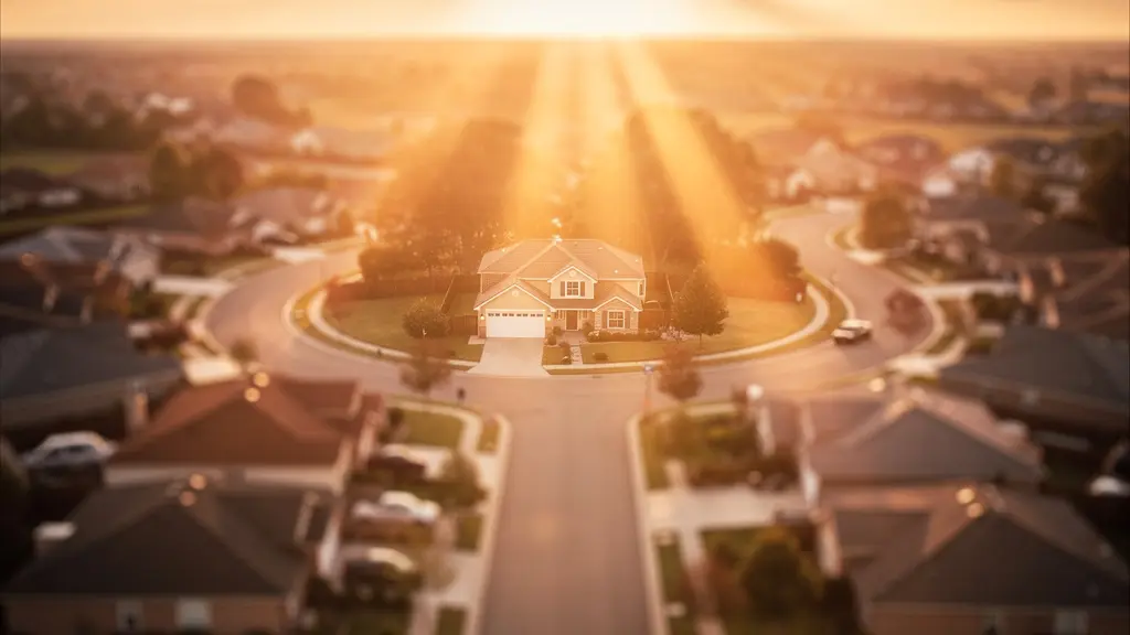 Vue aérienne d'un quartier résidentiel avec mise en évidence symbolique d'une maison