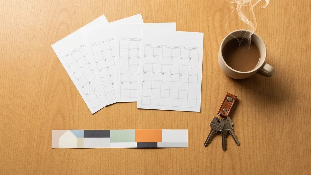 Vue aérienne d'un bureau avec calendrier et documents d'acquisition immobilière