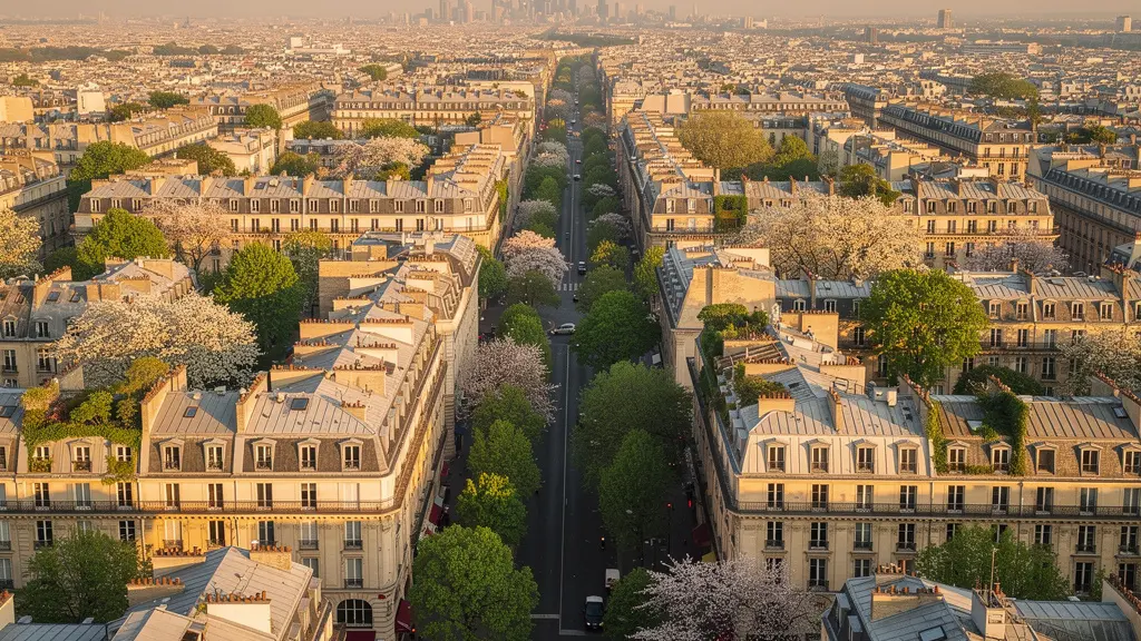Vue aérienne minimaliste d'un quartier résidentiel parisien au printemps