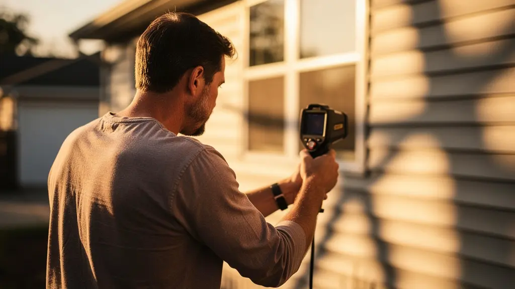 Propriétaire analysant les déperditions thermiques de sa maison avec une caméra thermique