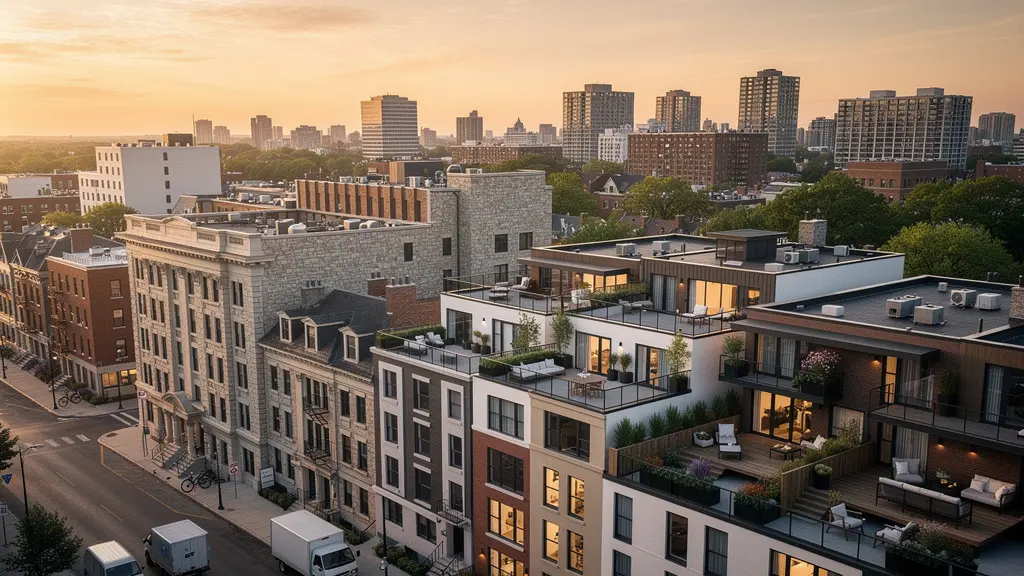 Vue aérienne d'un quartier résidentiel moderne avec immeubles locatifs et espaces de co-living