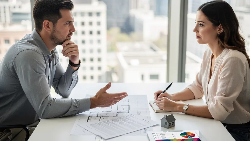 Négociation immobilière entre vendeur et acheteur autour d'un bien occupé avec documents et clés
