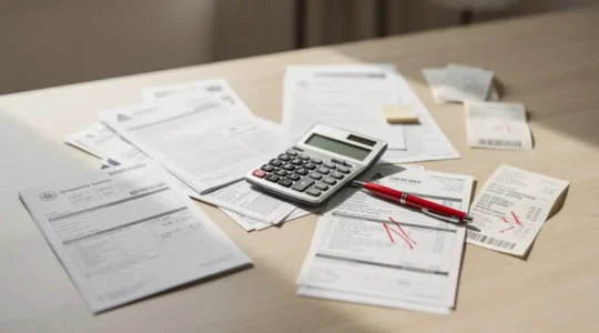 Documents de charges locatives et factures éparpillés sur une table avec une calculatrice