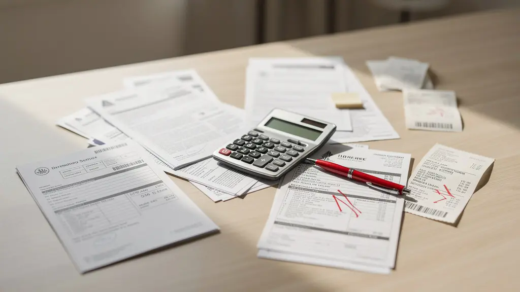 Documents de charges locatives et factures éparpillés sur une table avec une calculatrice