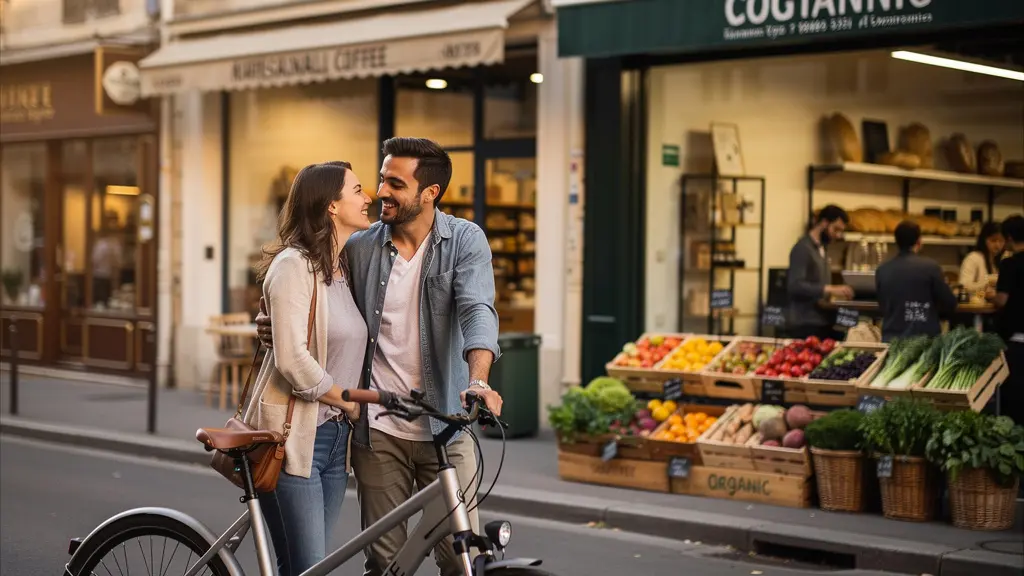 Rue commerçante en transformation avec nouveaux commerces caractéristiques