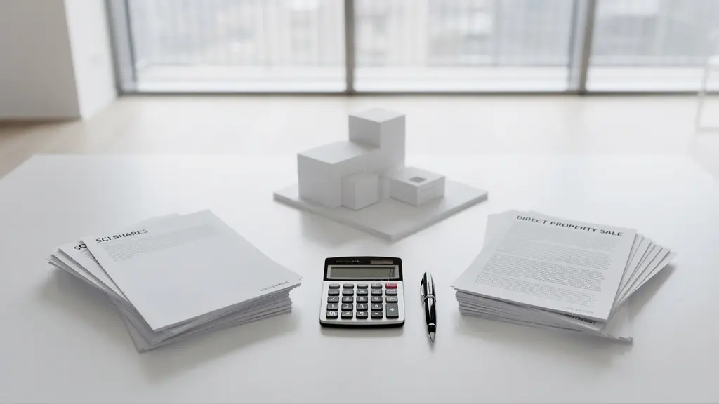 Comparaison visuelle entre deux stratégies de cession immobilière avec calculatrice et documents fiscaux