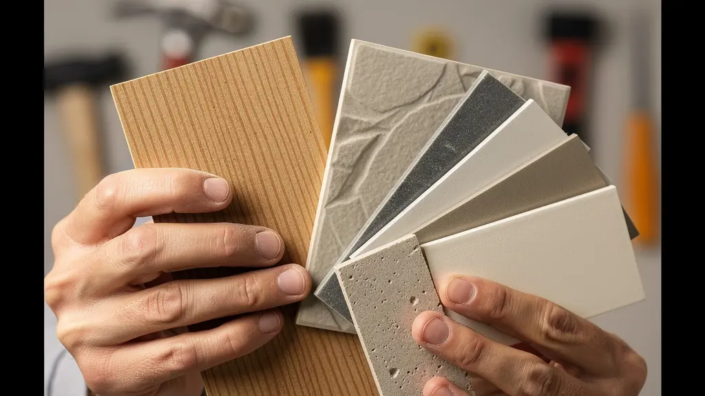 Gros plan sur des mains tenant des échantillons de matériaux de construction