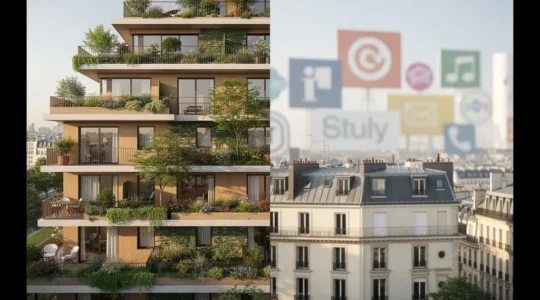 Comparaison visuelle entre un immeuble Pinel Plus avec balcons et espaces verts et un immeuble Pinel classique
