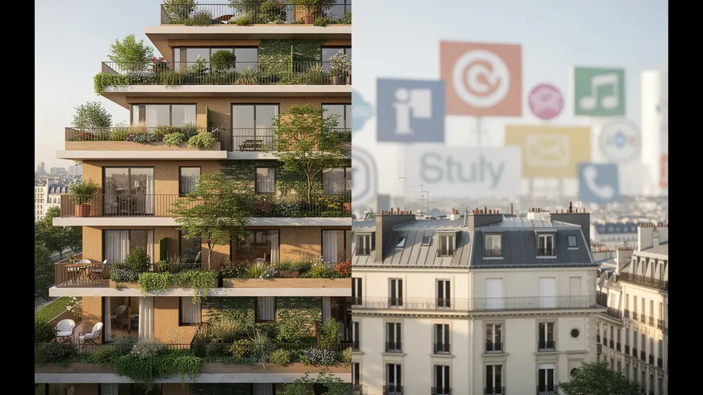 Comparaison visuelle entre un immeuble Pinel Plus avec balcons et espaces verts et un immeuble Pinel classique