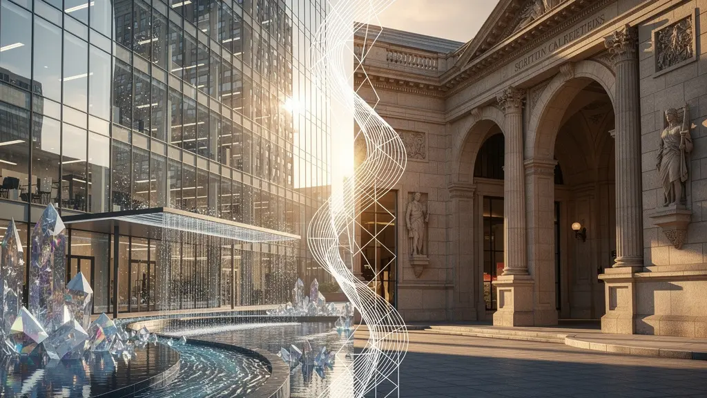 Composition montrant deux bâtiments d'affaires modernes avec des effets visuels représentant la liquidité et les flux financiers