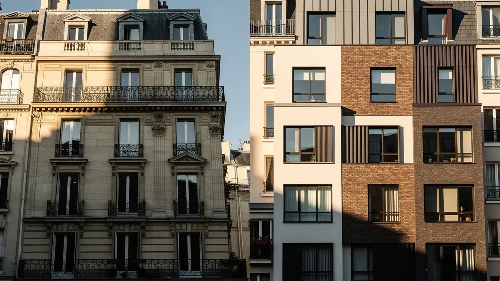 Composition architecturale montrant un immeuble de rapport complet d'un côté et cinq appartements séparés de l'autre