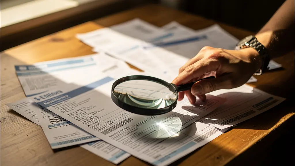 Locataire examinant des factures avec une loupe sur un bureau