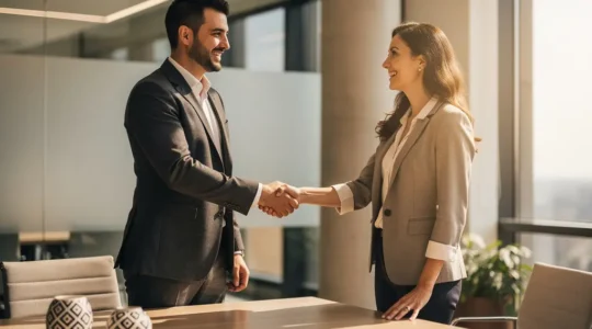 Poignée de main professionnelle entre un courtier et un client dans un bureau moderne avec documents financiers