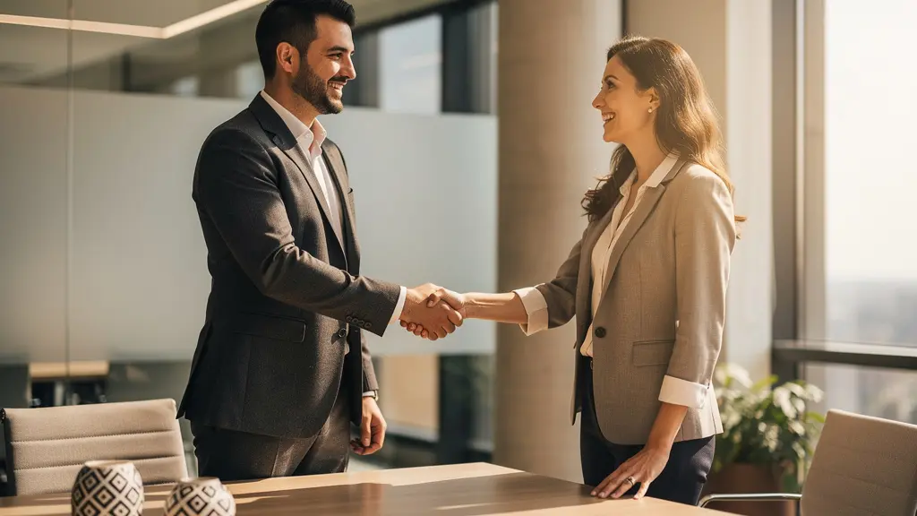 Poignée de main professionnelle entre un courtier et un client dans un bureau moderne avec documents financiers