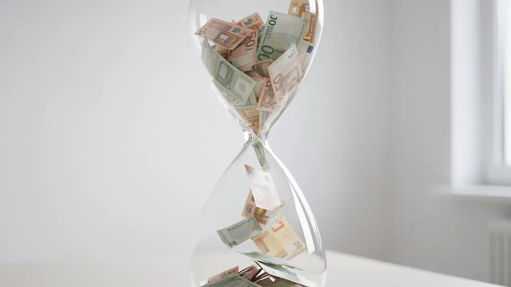 Sablier géant avec des billets euros s'écoulant, symbolisant le temps et l'argent perdus