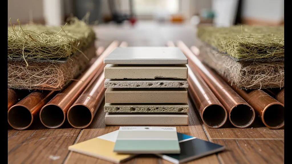 Intérieur d'appartement en rénovation montrant différents matériaux et outils de construction disposés méthodiquement