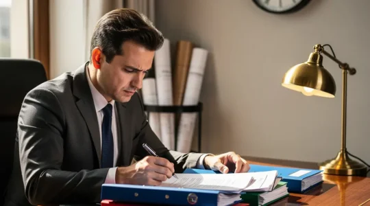 Professionnel immobilier examinant documents avec horloge floue en arrière-plan