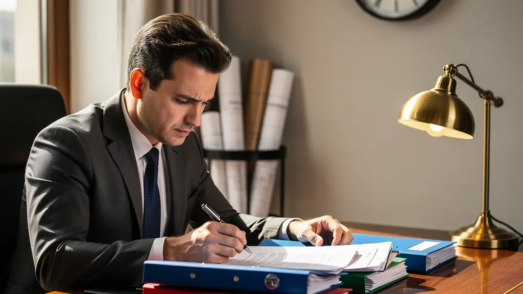 Professionnel immobilier examinant documents avec horloge floue en arrière-plan