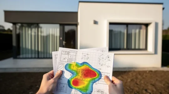 Expert analysant des documents techniques de DPE avec maison en arrière-plan