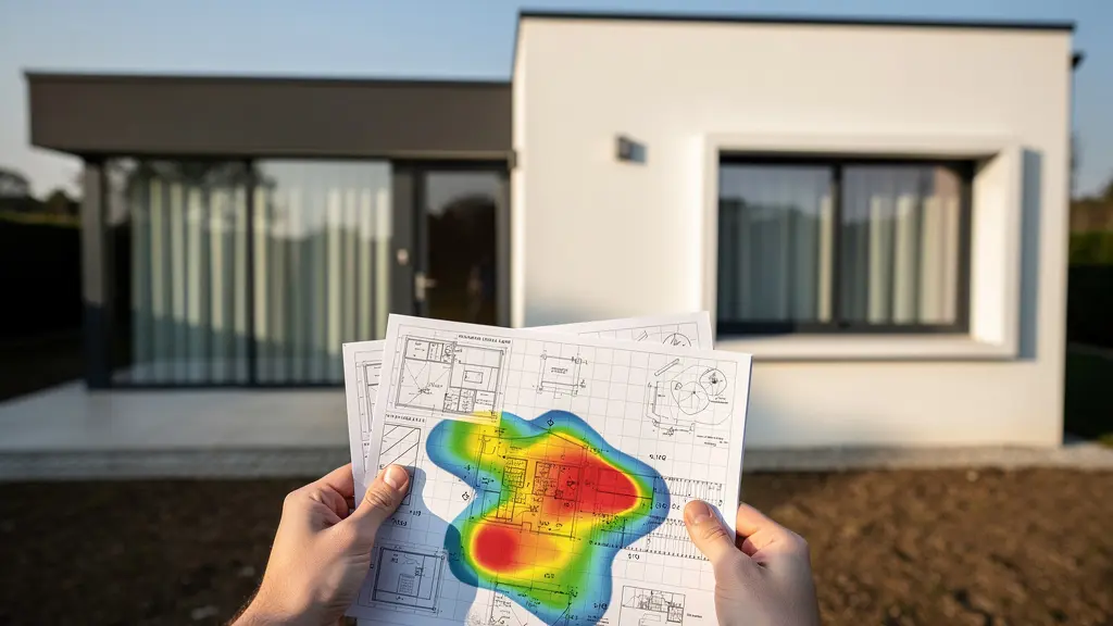 Expert analysant des documents techniques de DPE avec maison en arrière-plan