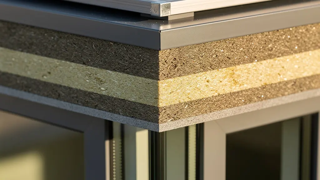 Maison française traditionnelle avec panneaux solaires et isolation visible en coupe architecturale