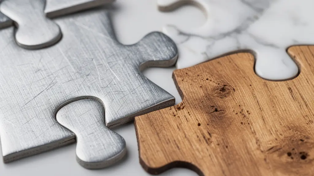 Vue macro de différentes pièces de puzzle s'assemblant pour former un ensemble cohérent