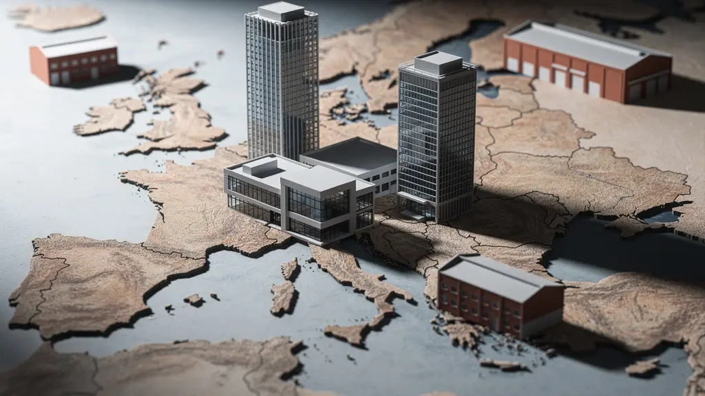 Vue aérienne stylisée montrant la répartition géographique d'actifs immobiliers diversifiés à travers l'Europe