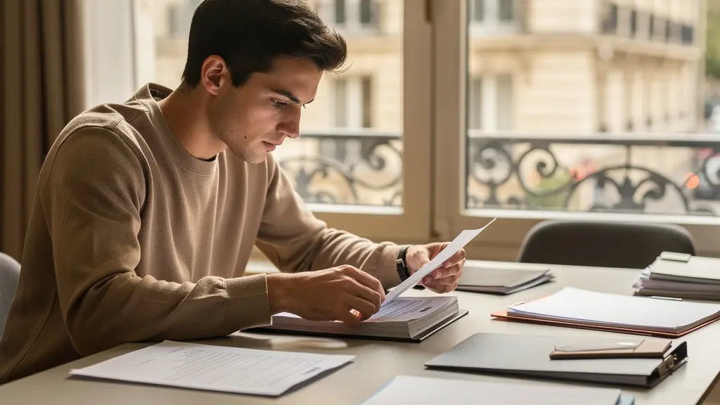 Candidat locataire préparant son dossier de location dans un appartement parisien