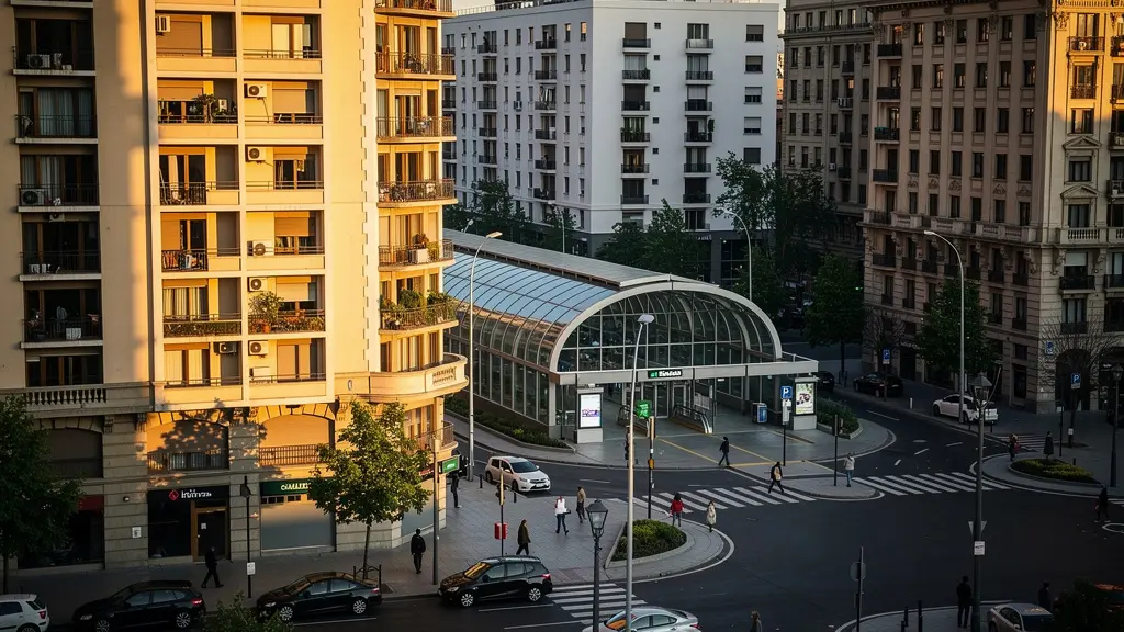 Vue aérienne d'un quartier avec station de métro montrant les zones d'impact sur les prix immobiliers