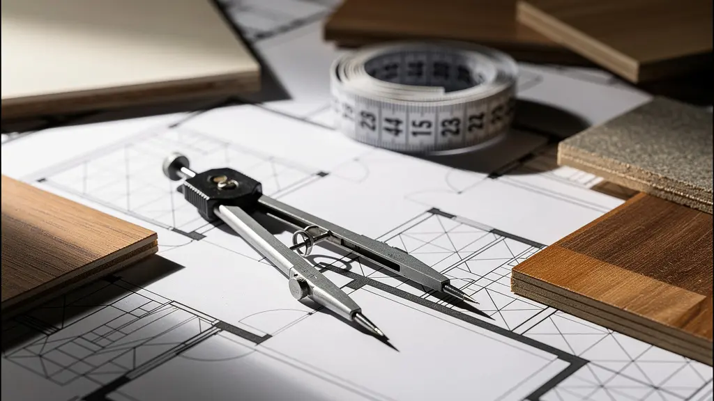 Outils de rénovation et documents financiers disposés sur plan architectural