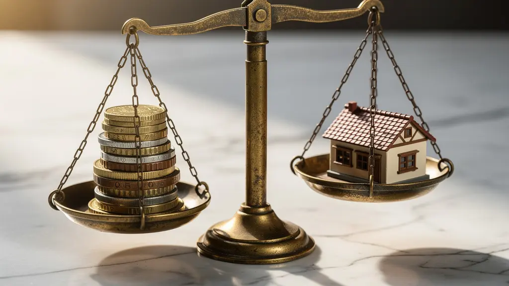 Balance symbolique entre l'apport pour un achat immobilier et l'épargne de sécurité mise de côté.