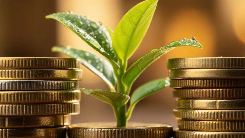 Gros plan macro sur des pièces empilées avec une plante verte poussant entre elles, profondeur de champ très réduite