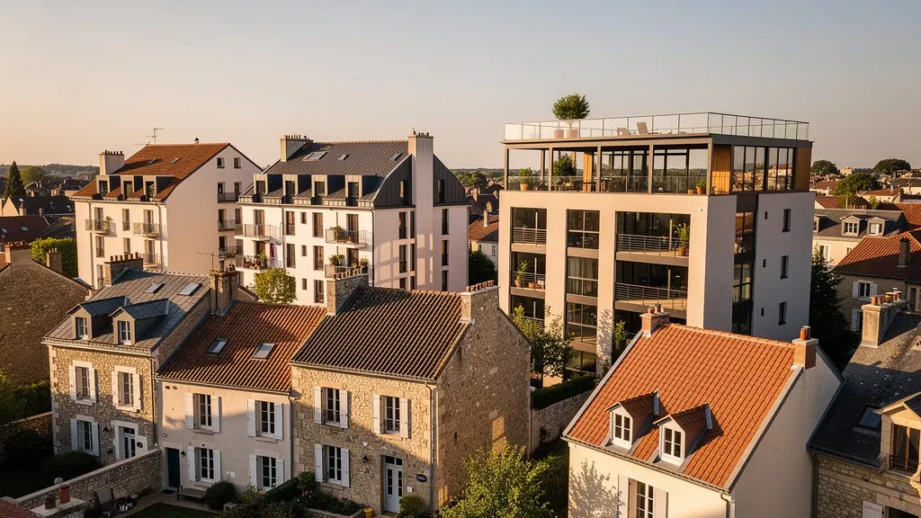 Vue aérienne d'un quartier résidentiel français avec différents types de biens immobiliers montrant la complexité de l'estimation