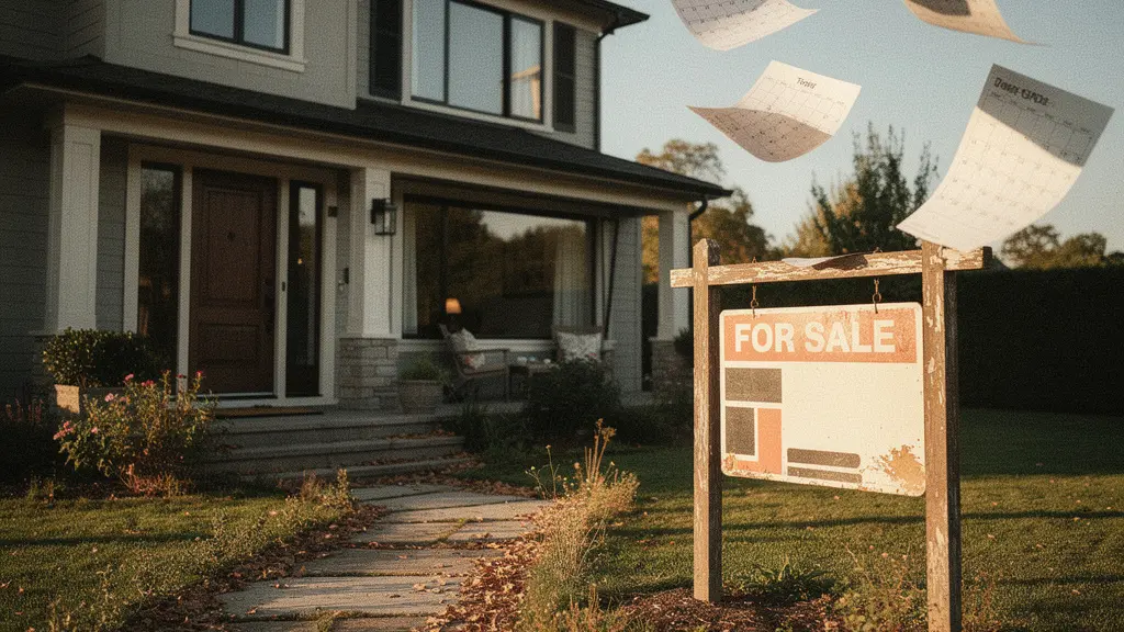 Maison moderne avec panneau à vendre et plusieurs calendriers marqués