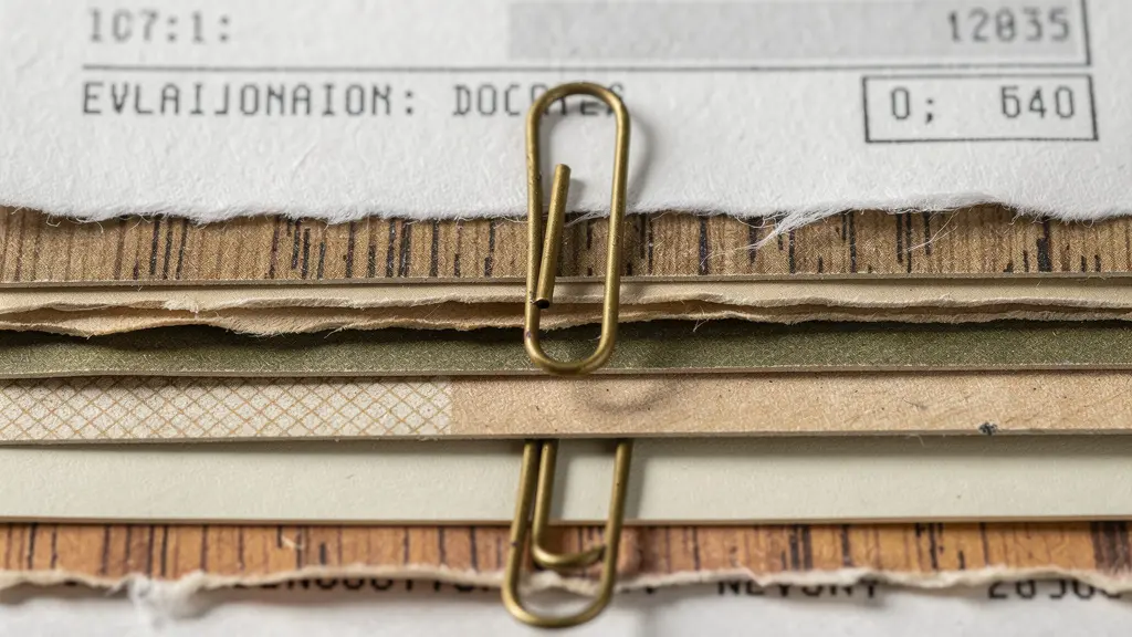 Table de travail avec documents d'évaluation mobilière et factures organisées