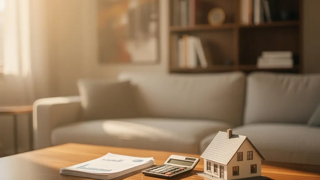 Intérieur d'un salon moderne avec documents financiers et calculatrice sur table basse